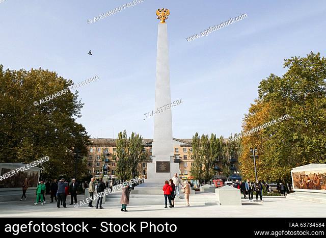 RUSSIA, MELITOPOL - OCTOBER 23, 2023: A ceremony takes place in Victory Square to unveil the City of Military Glory stele and mark 80 years since the city's...