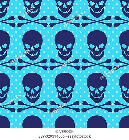 Seamless pattern with skull and crossbones on blue dotted background. Vector illustration