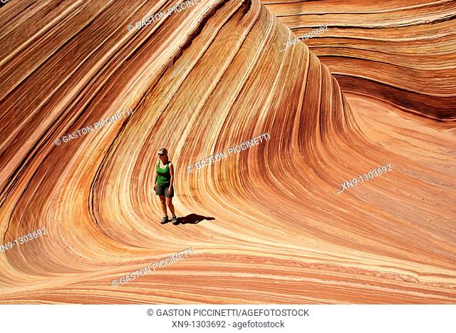 A woman in the Wave, Vermilion North Coyote Buttes, Paria Canyon-Vermilion Cliffs Wilderness, Vermilion National Monument, Arizona, USA