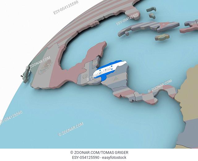 Honduras on political globe with embedded flags. 3D illustration