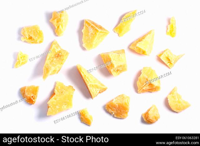 Hard mature cheese (Parmesan, Parmigiano), rough pieces. Clipping paths, shadow separated, top view