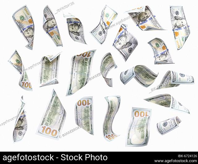 Set of randomly falling or floating 00 bills each isolated on white with no overlap, build your own