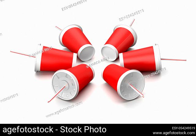 Red Fast Food Drinking Cups with Straw on White Background 3D Illustration