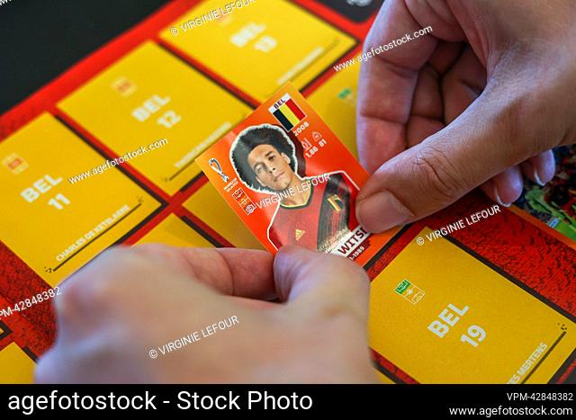 Illustration picture shows the sticker of Red Devil Axel Witsel, during the presentation of the Panini sticker collection covering the upcoming 2022 FIFA World...