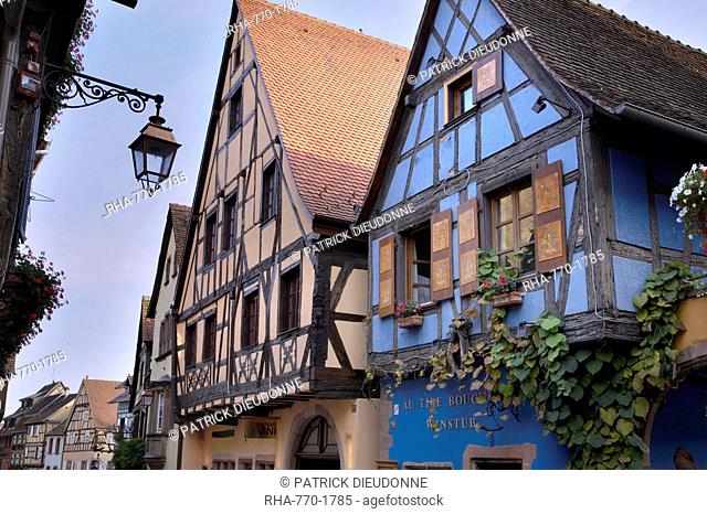Half-timbered houses along rue Charles de Gaulle in Riquewihr, most visited village of the Alsatian Wine Road, Alsace, France, Europe