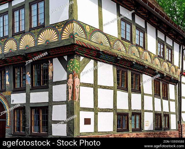 Hoexter, NW / Germany - 2 August 2020: detail architectural view of the historic Adam and Eva house in Hoexter