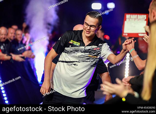 Dutch Gian Van Veen pictured at the first day of the Belgian Darts Open, a tournament in the European Tour that takes places from September 23 until September...
