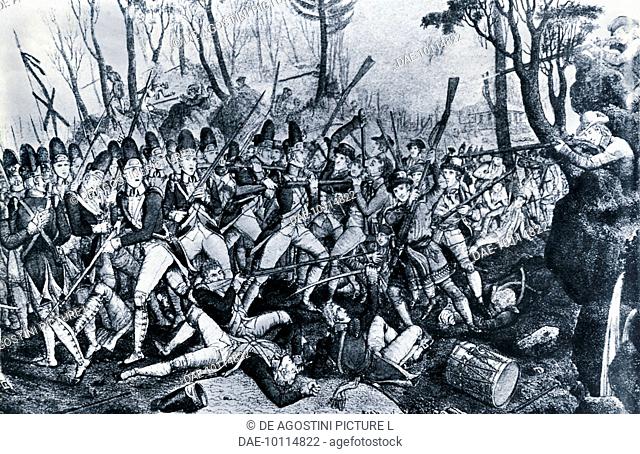 The Battle of Lexington, April 19, 1775, which marked the beginning of the American Revolutionary War, engraving. United States