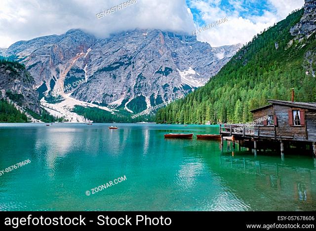 Beautiful lake in the Italian alps, Lago di Braies in the Italian Dolomites Europe. Braies lake, Italy. Famous lake in the Dolomites