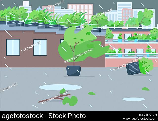 Rainstorm flat color vector illustration. Empty city street 2D cartoon landscape with cityscape on background. Extreme weather, natural disaster