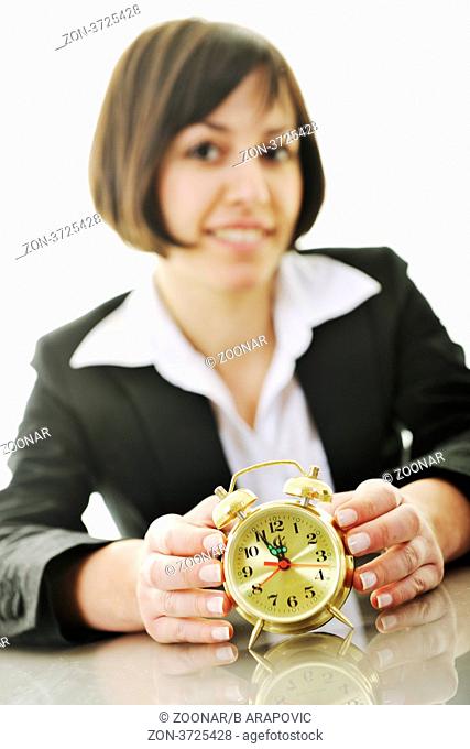 time maagement concept with young business woman isolated on white