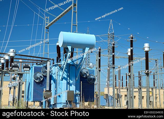 Electrical substation view in Zaragoza province, Aragon in Spain