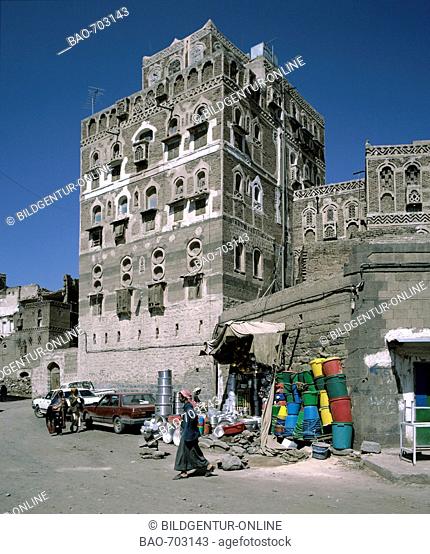 Commercial firm in old part of the city from Sanaa, Yemen