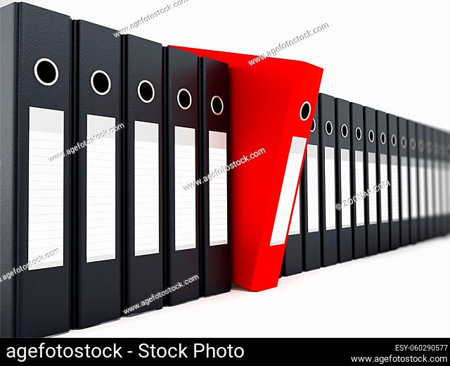 Red folder standing out from black folders. 3D illustration