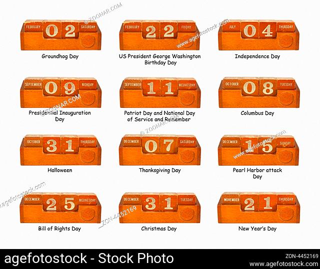 American national holiday 2013 year days set collection on retro wooden calendar isolated on white background. Thanksgiving Halloween Groundhog Independence...
