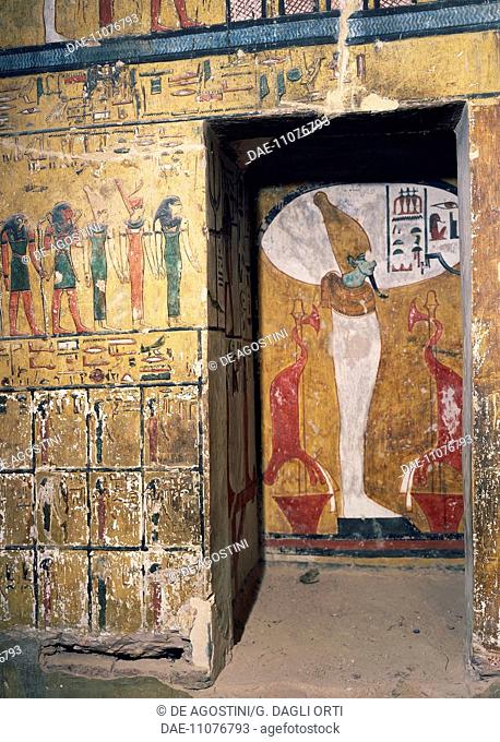 Frescoed niche of the burial chamber with the figure of Osiris, Tomb of Seti I, also known as Tomb KV17, Valley of the Kings, Thebes (Unesco World Heritage List
