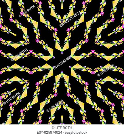 Abstract modern geometric background, seamless star pattern yellow brown with violet elements on black, conspicuous and extensive