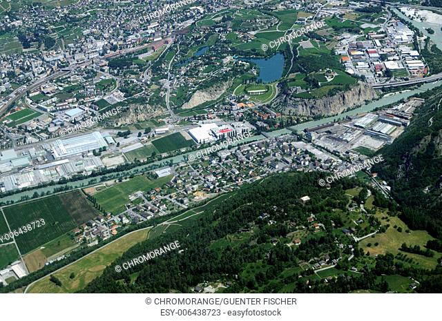 Aerial view of Siders, Sierre, Valais, Switzerland