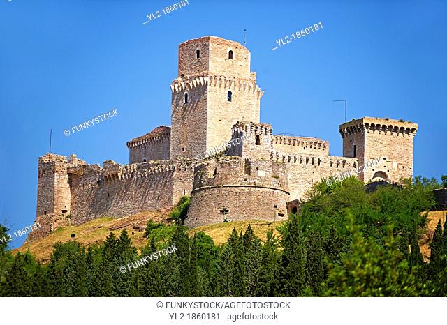 The medieval battlements of the Rocca Maggiore castle on the hilltop above Assisi, Italy