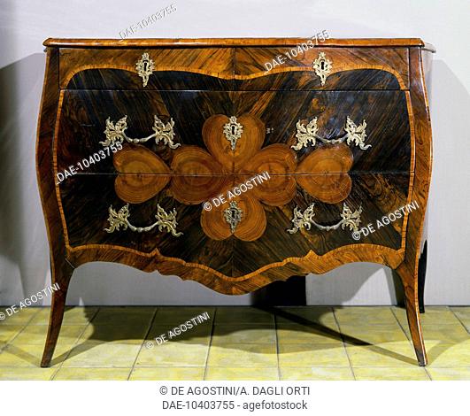 Louis XV style chest of drawers with kingwood veneer finish, 1755-1765. Italy, 18th century.  Milan, Castello Sforzesco, Civiche Raccolte D'Arte Applicata Ed...