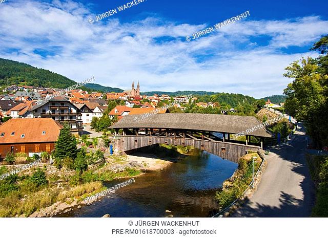 Historic wooden bridge over the Murg river at Forbach city, Schwarzwald, Baden Württemberg, Germany, Europe