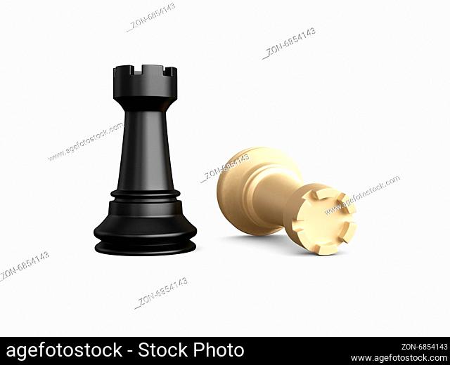 Victory, dark rook defeats light rook, isolated on white background