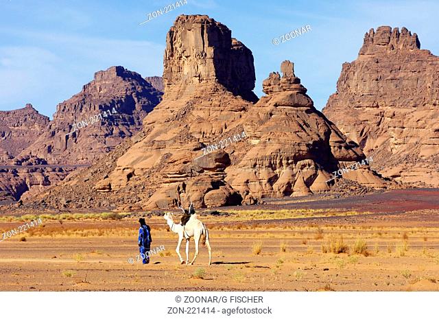 Tuareg Nomade mit weissem Reitdromedar streift durch das Akakus Gebirge, Libyen / Tuareg nomad with white Mehari dromedary is roaming in the Acacus Mountains