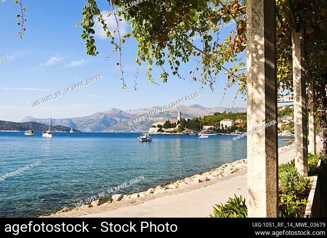 Photo of Lopud Island waterfront and Franciscan Monastery, Lopud Island, Elaphiti Islands, Dalmatian Coast, Croatia. This is a photo Lopud Island waterfront and...