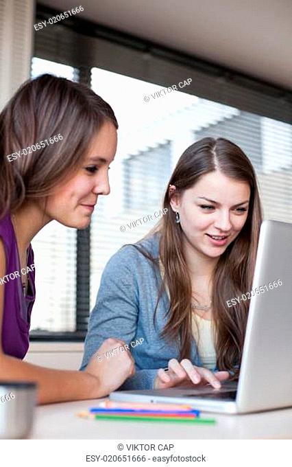 Two female college students working on a laptop computer during