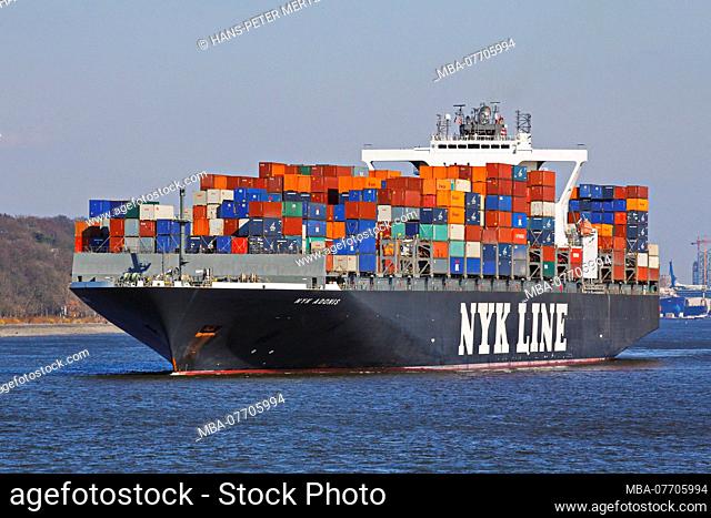 Container ship NYK Line on the Elbe at Finkenwerder, Hamburg, Germany