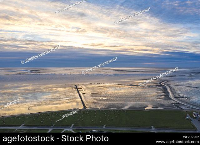 Drone view, landscape with the Wadden Sea, Dorum-Neufeld, Lower Saxony, Germany, Europe