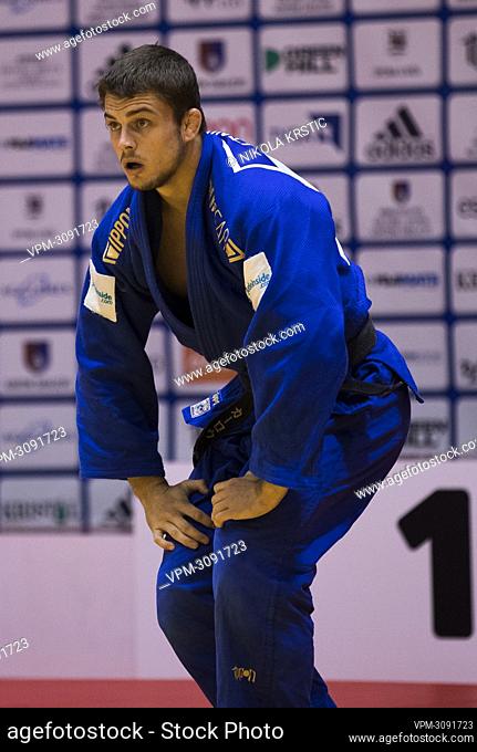 Belgian Karel Foubert (blue outfit) pictured in action in a fight in the men -90kg category at the European Judo Open in Sarajevo, Bosnia and Herzegovina