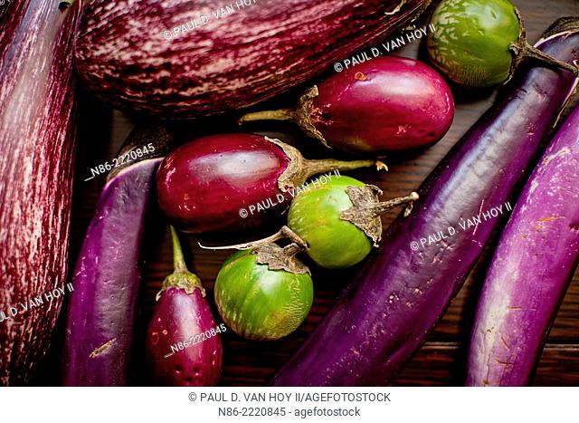 arranged eggplants on table top