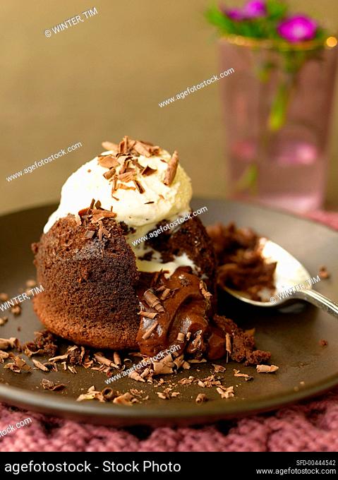 English chocolate pudding with vanilla ice cream