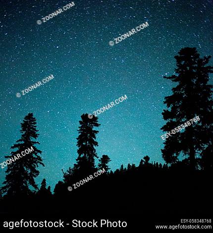 night mountain landscape in reserve. Summer night in northern hemisphere in mountains. Milky Way in mountains. Free space for text