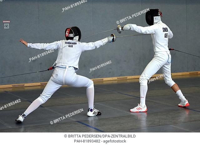 Modern pentathlete Lena Schoeneborn and her sister Deborah in action during a media day for the Olympic Games 2016 in Rio de Janeiro