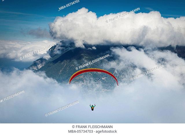 Paragliding about Garmisch-Partenkirchen, cloud game, autumn, aerial shots, Loisachtal, Werdenfels, Wank, Bavarians, Germany