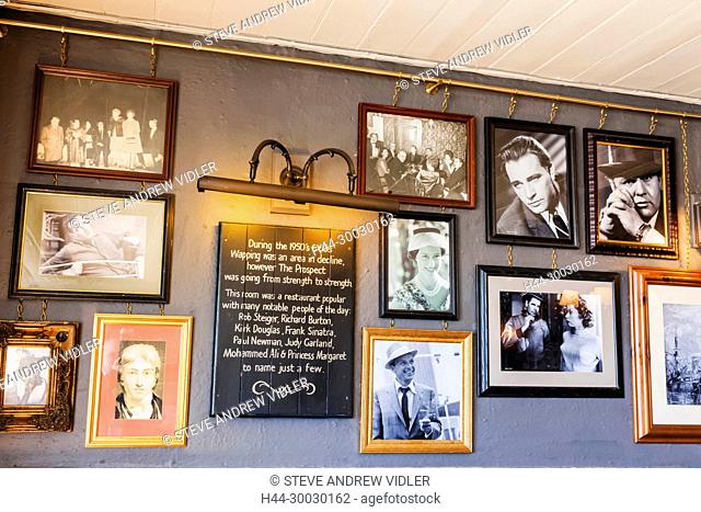 England, London, Wapping, The Prospect of Whitby Riverside Pub, Display of Photos of Famous Customers