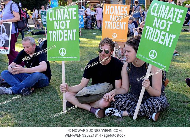 The Campaign for Nuclear Disarmament held an anti Trident protest in Parliament Square as MPs debated on a replacement for the Trident nuclear weapons system...