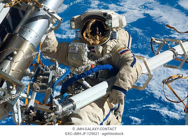 Russian cosmonaut Anton Shkaplerov, Expedition 30 flight engineer, participates in a session of extravehicular activity (EVA) to continue outfitting the...