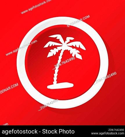 Round white icon with image of palm on beach, on red background
