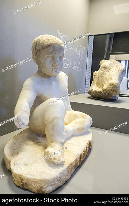 statue of a child - temple boy - 5th b. C, and taurine protome, Bustan esh-Sheik, marble, Beirut National Museum, The Coliseum , Rome, Lazio, Italy