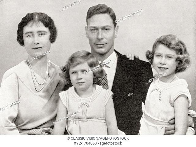 George VI with his wife Queen Elizabeth, Elizabeth Angela Marguerite Bowes-Lyon and their children the princesses Margaret and Elizabeth