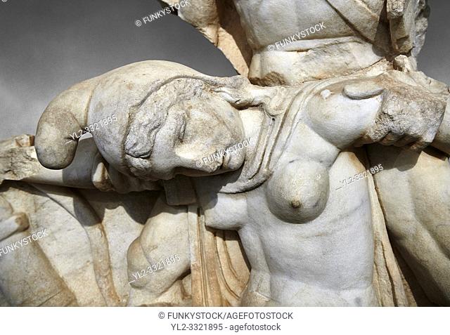 Close up of Roman Sebasteion relief sculpture of Nero conquering Armenia depicting a fallen female representing Armenia, Aphrodisias Museum, Aphrodisias, Turkey