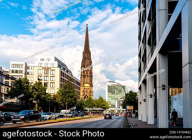 Hamburg, Germany - August 3, 2019: Cityscape with the tower of St. Nicholas Memorial on background