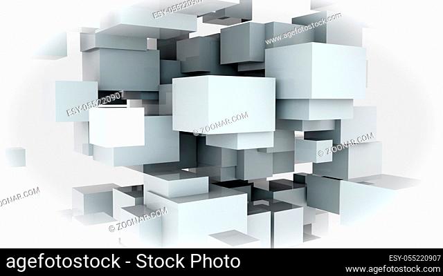 Random construction of many white cubes. Computer generated web background, 3d rendering