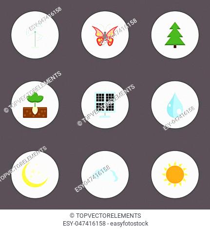 Flat Icons Sun Power, Tree, Beauty Insect And Other Vector Elements. Set Of Environment Flat Icons Symbols Also Includes Wind, Sky, Panel Objects