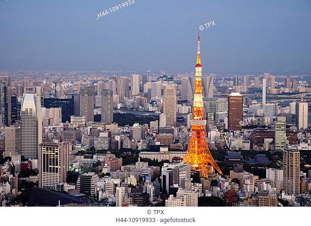 Asia, Japan, Tokyo, Roppongi, Tokyo Tower, City, Skyline, View, Tower, Aerial, Night, View, Illumination, Evening, Dusk, Tourism, Holiday, Vacation, Travel