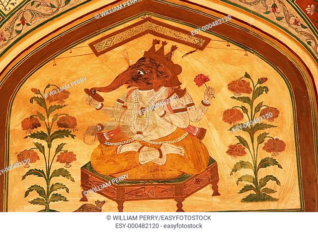 16th Century Mural of Lord Ganesh, Hindu God, Amber Fort, Jaipur, India