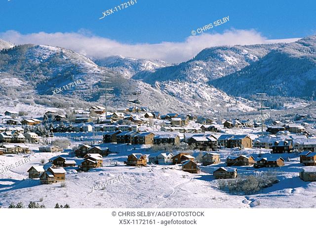 Mountain resort residential neighborhood in winter, Steamboat Springs, Colorado, USA